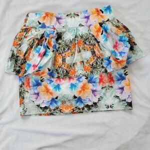 Zara women puff peplum pencil mini skirt Hawaiin floral print S